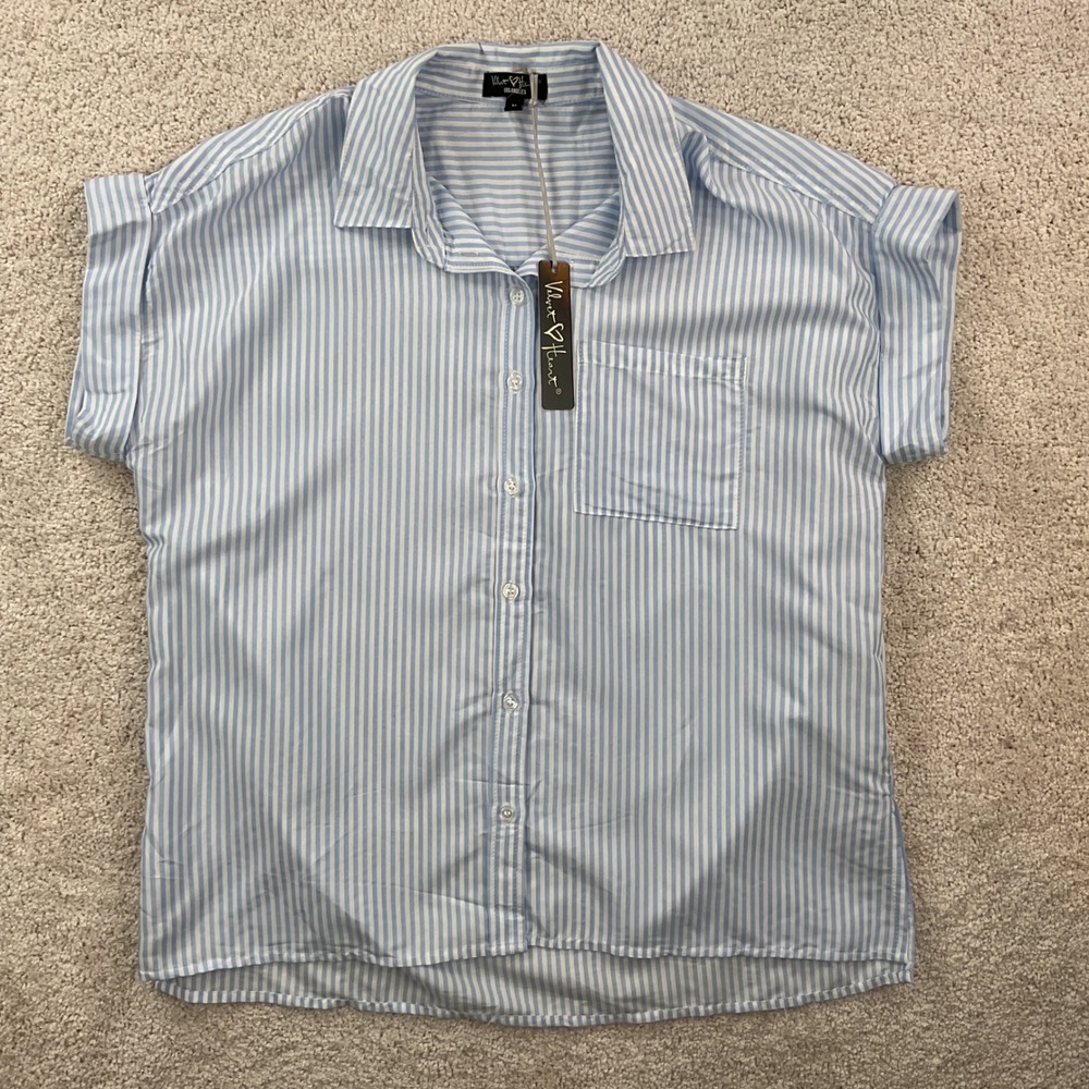 Velvet Heart Womens Blue White Striped Rayon Short Sleeve Button Down Shirt MED